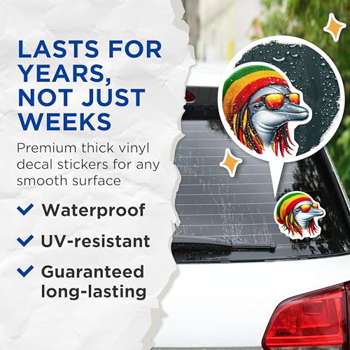 (2 Pack) Rasta Dolphin Stickers - Cool Dolphin Art - Jamaican Style Stickers - 5" On Longest Side - Sticks to Smooth Flat Surfaces - Made in USA - BMCS4381