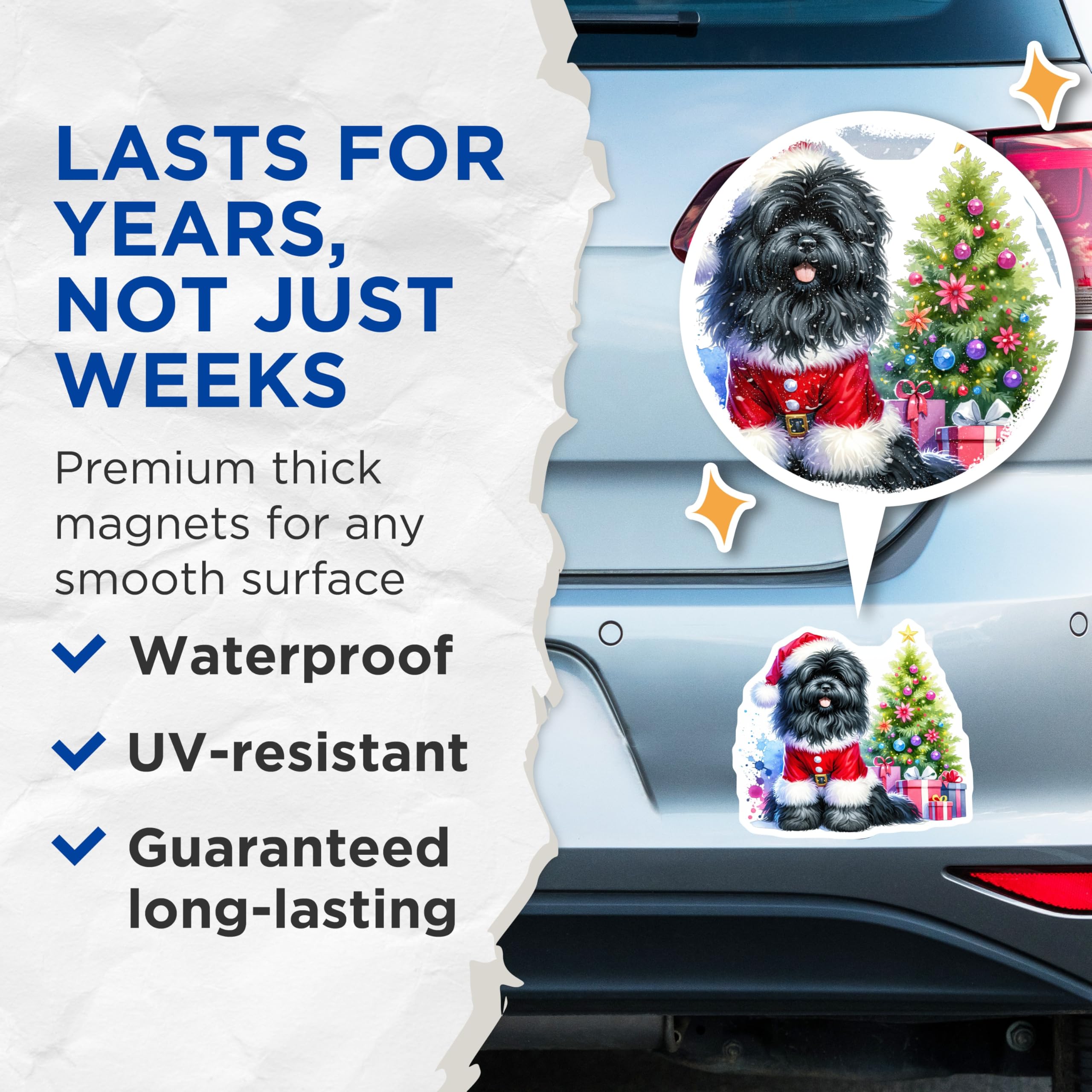 (2 Pack) Black Dog Santa Magnets - Cute Shaggy Dog Christmas Decor - Holiday Pet Lover Present - 5 Inches On Longest Side - Thick Durable Magnet - Made in USA - MAG26359