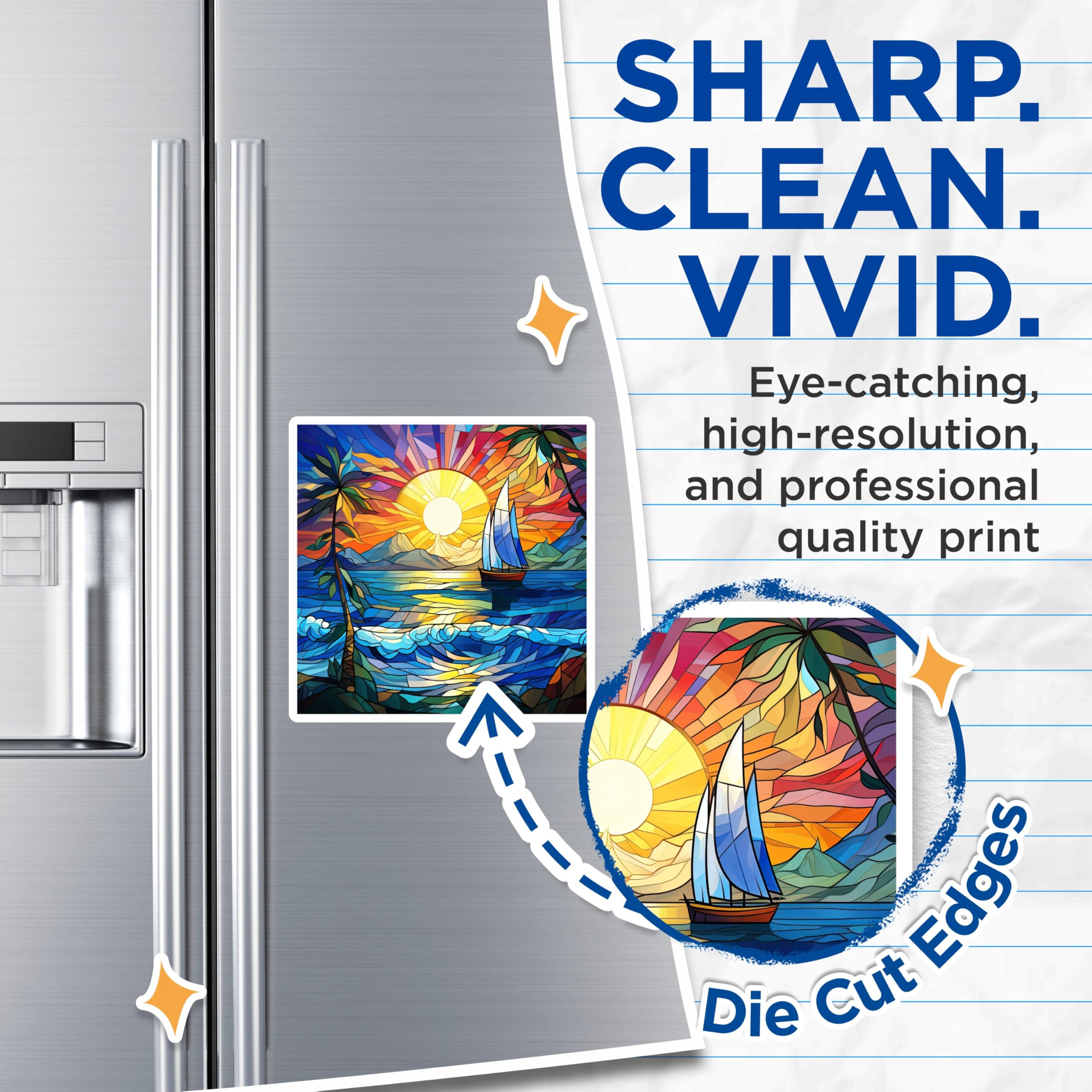 (2 Pack) Vibrant Stained Glass Tropical Sunset Magnets - Sailboat Ocean Waves Scene - Palm Tree Beach Art Decor - 5 Inches On Longest Side - Thick Durable Magnet - Made in USA - MAG23888