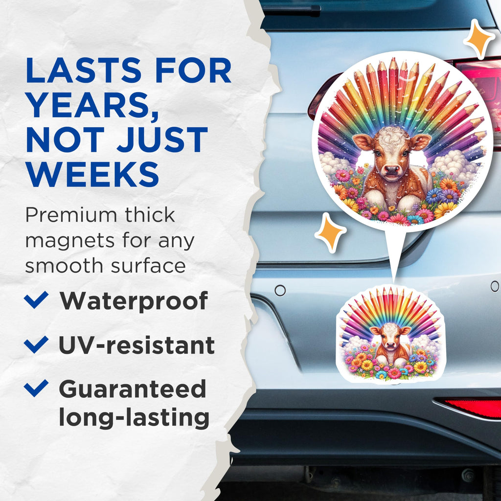 (2 Pack) Cow Magnets - Rainbow Pencil Art - Cute Calf Refrigerator Magnets - 5" On Longest Side - Premium Magnet - for Cars, Refrigerators, Toolboxes, Lockers - Made in USA - MAG15965