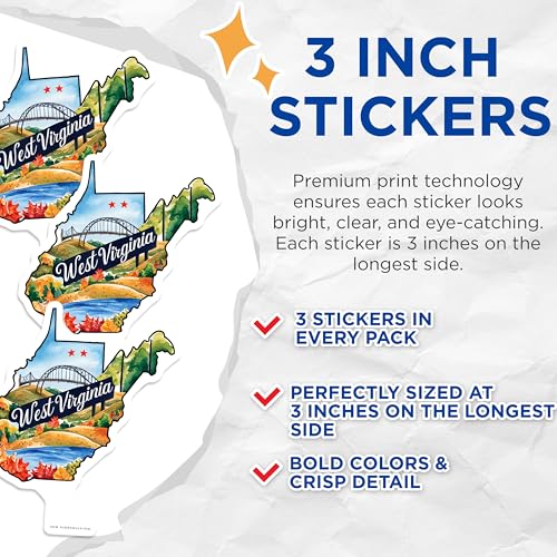 (3 Pack) West Virginia Decals - State Map - Laptop Decal- 3 Inches On Longest Side - Easy Peel & Apply - Made in USA - 3MCS5072