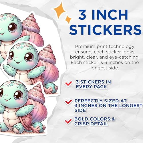 (3 Pack) Cute Turtle Decals - Kawaii Sea Animal - Laptop Decal - 3 Inches On Longest Side - Easy Peel & Apply - Made in USA - 3MCS0087