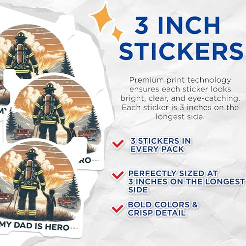 (3 Pack) Firefighter Dad Decals - Hero Dad and Son - Firetruck Decal- 3 Inches On Longest Side - Easy Peel & Apply - Made in USA - 3MCS5262