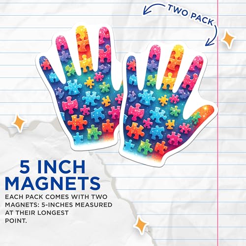 (2 Pack) Puzzle Piece Handprint Magnets - Colorful Autism Awareness - 5" On Longest Side - for Cars, Fridges, Toolboxes - Made in USA - MAG7891