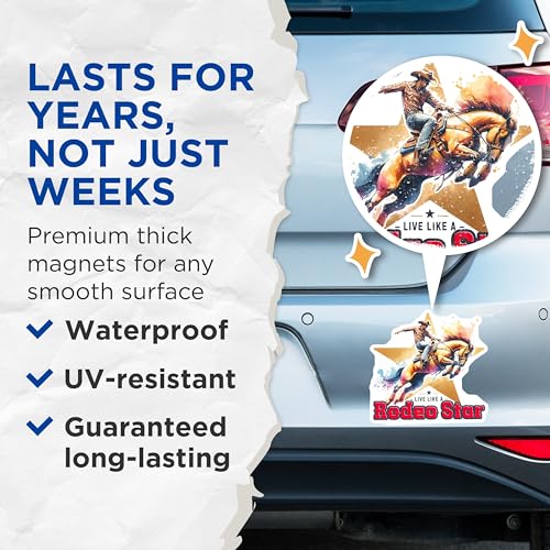 (2 Pack) Rodeo Star Magnets - Cowboy Riding Horse - Live Like A Rodeo Star Decor - 5" On Longest Side - for Cars, Fridges, Toolboxes - Made in USA - MAG7173