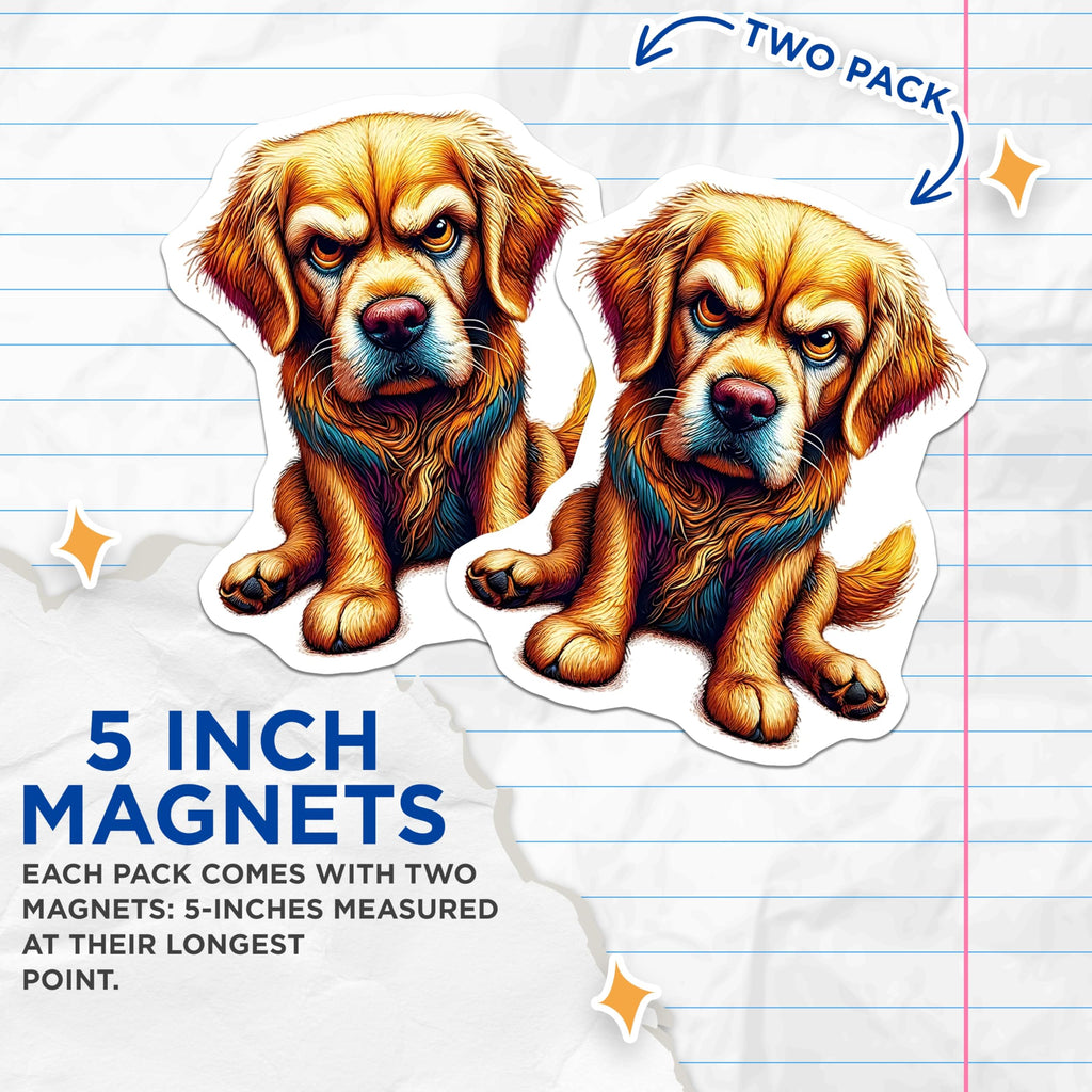 (2 Pack) Golden Retriever Magnets - Angry Dog Art - Refrigerator Locker Magnets - 5" On Longest Side - Premium Magnet - for Cars, Refrigerators, Toolboxes, Lockers - Made in USA - MAG14589