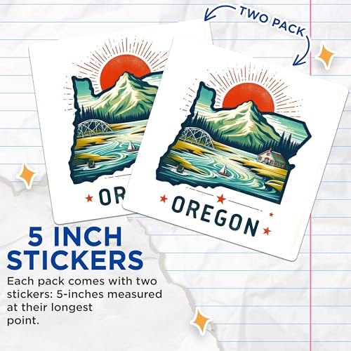 (2 Pack) Oregon Adventure Stickers - Scenic Mountain Stickers - Nature Travel Stickers - 5" On Longest Side - Sticks to Smooth Flat Surfaces - Made in USA - BMCS5241