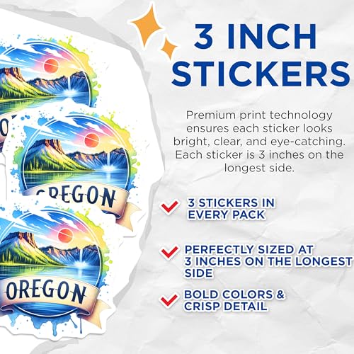 (3 Pack) Oregon Decals - State Pride - Watercolor Art- 3 Inches On Longest Side - Easy Peel & Apply - Made in USA - 3MCS5424