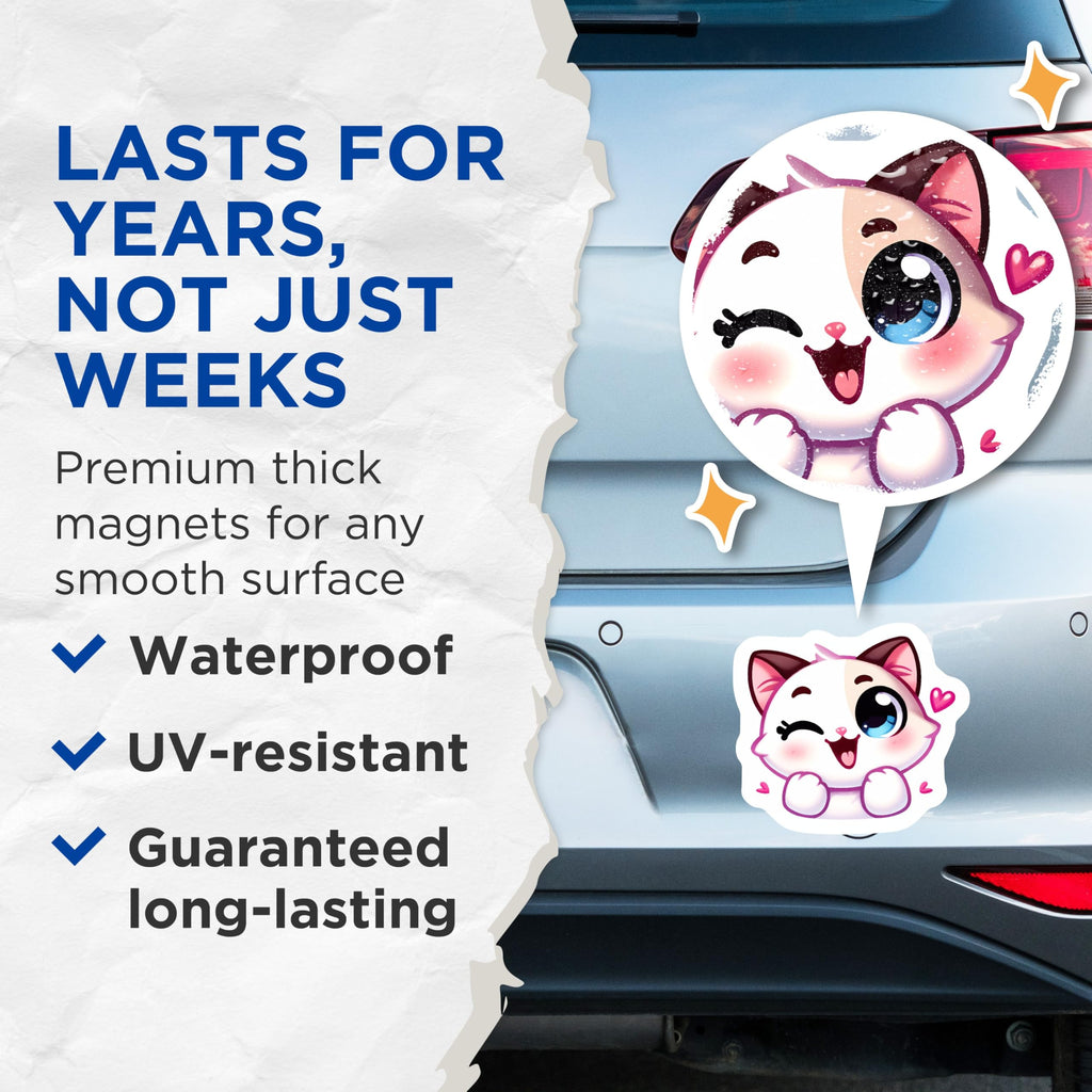 (2 Pack) Kawaii Cat Magnets - Cute Winking Kitten Refrigerator Magnets - Adorable Anime Feline Locker Decor Accessory - 5 Inches On Longest Side - Thick Durable Magnet - Made in USA - MAG21259