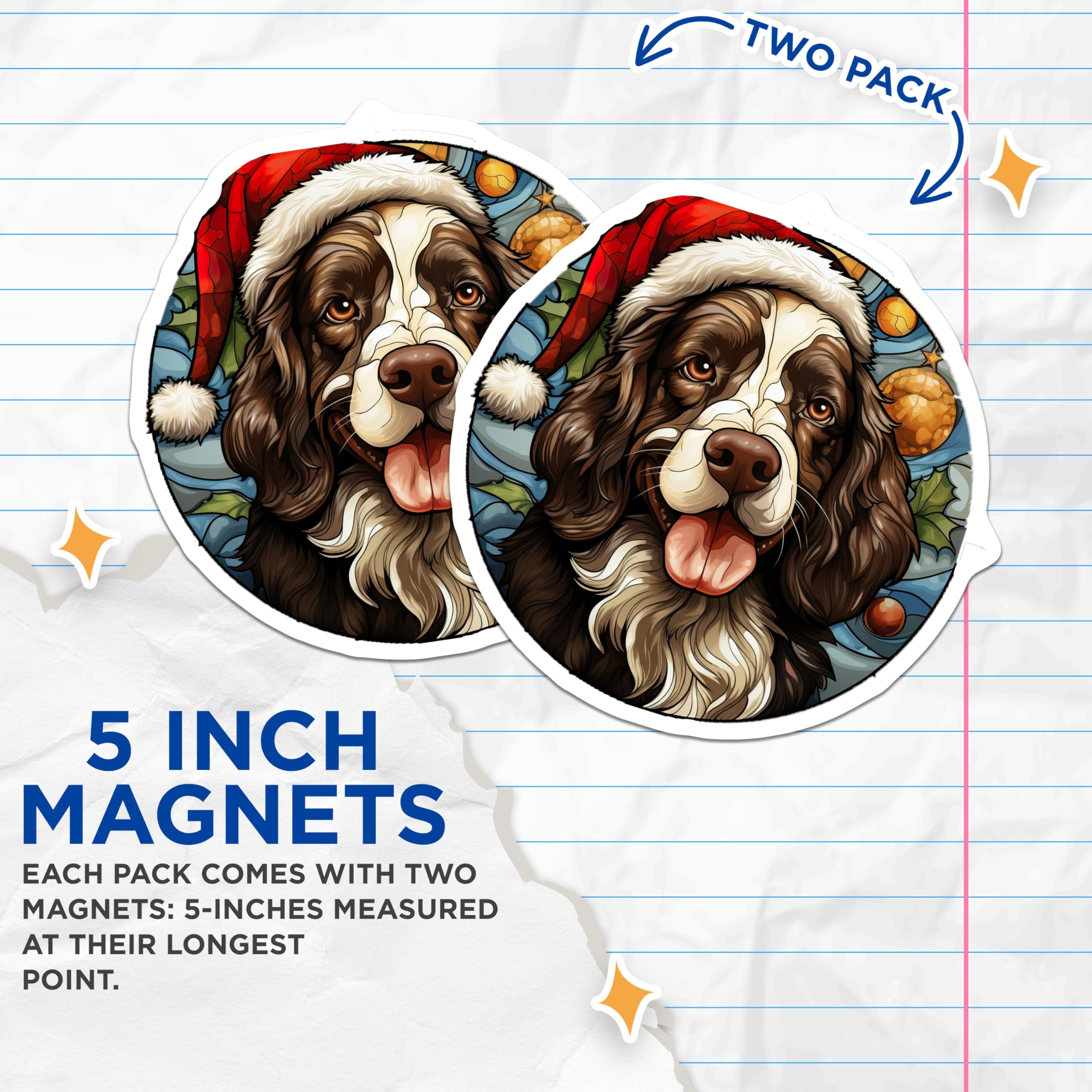 (2 Pack) Christmas Dog Magnets - Santa Hat Spaniel Decor - Holiday Pet Art for Fridge - 5 Inches On Longest Side - Thick Durable Magnet - Made in USA - MAG26582