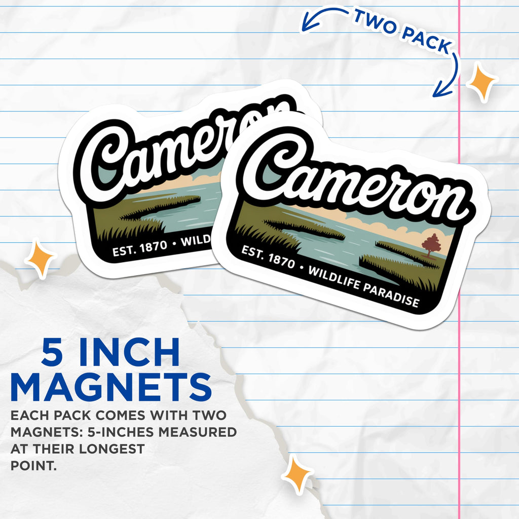 (2 Pack) Cameron Louisiana Magnets - Wildlife Paradise - Est 1870 Souvenir - 5" On Longest Side - Premium Magnet - for Cars, Refrigerators, Toolboxes, Lockers - Made in USA - MAG18304