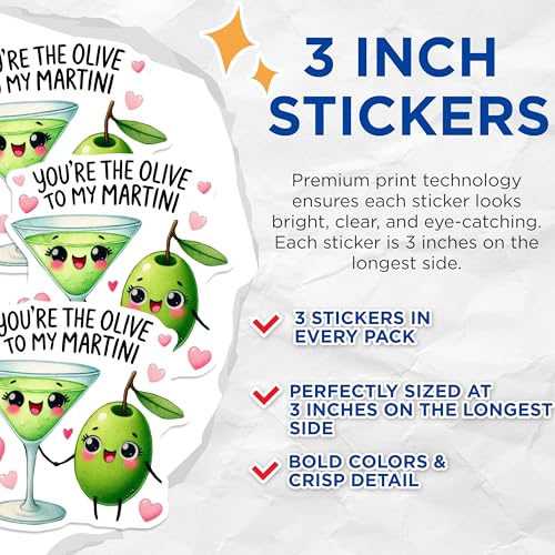 (3 Pack) Olive Martini Decals - Cute Cocktail Art - Drink Lover Stickers - 3 Inches On Longest Side - Easy Peel & Apply - Made in USA - 3MCS2318