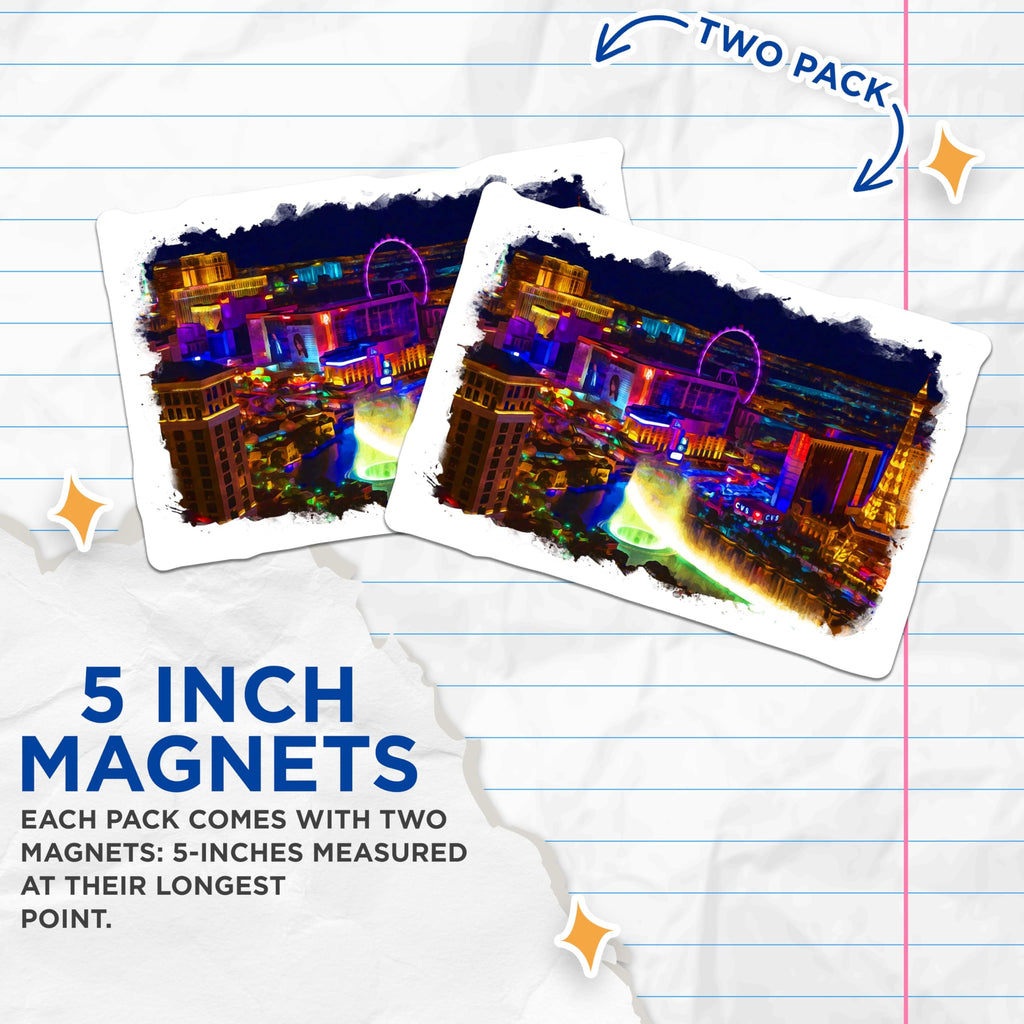 (2 Pack) Las Vegas Magnets - Vibrant Night Cityscape Art - Eiffel Tower High Roller View - USA Souvenir Travel Magnets - 5 Inches On Longest Side - Thick Durable Magnet - Made in USA - MAG20329