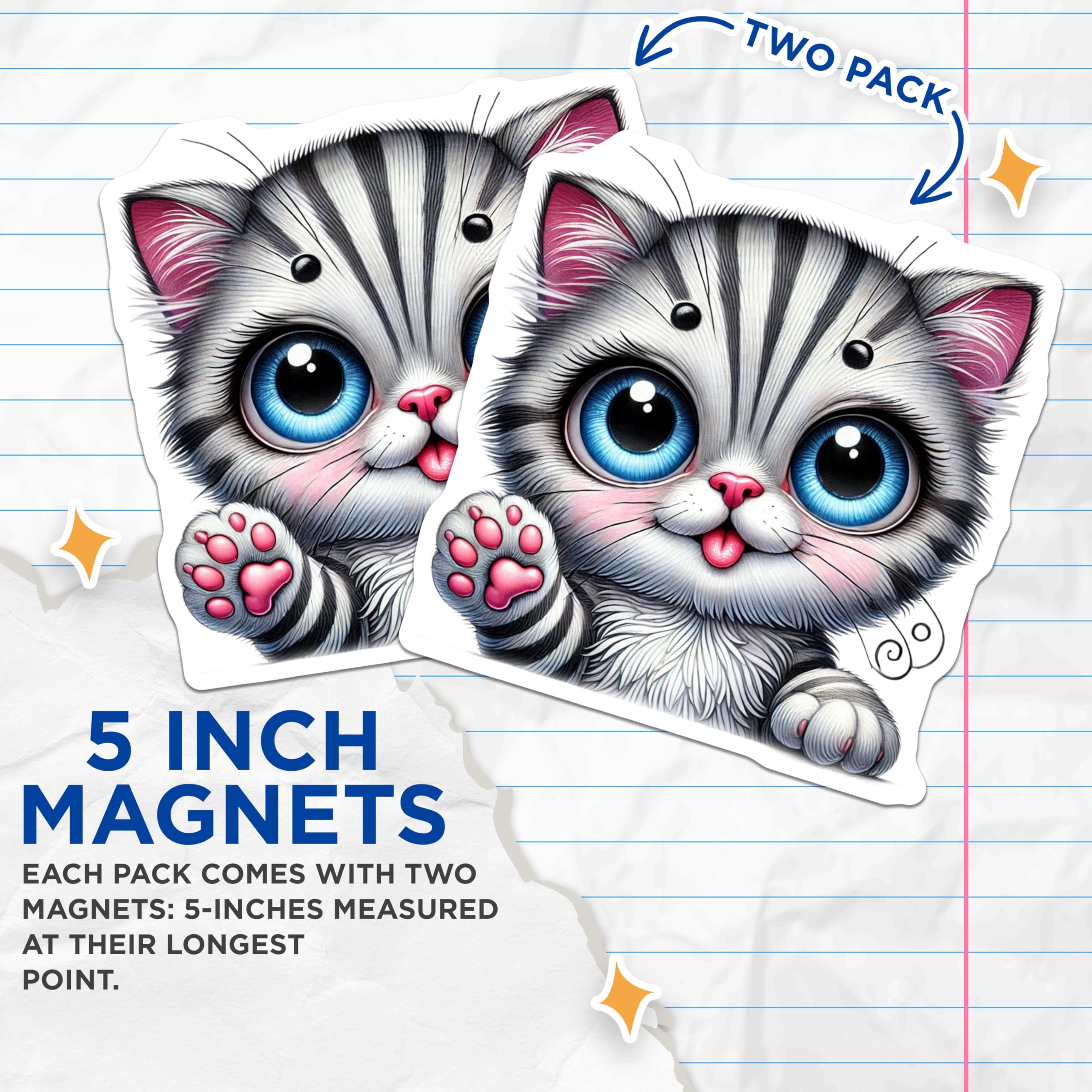(2 Pack) Kitten Face Magnets - Cute Cat Art - Fridge Decor Magnets - 5" On Longest Side - Premium Magnet - for Cars, Refrigerators, Toolboxes, Lockers - Made in USA - MAG15229