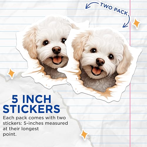 (2 Pack) Cute Dog Stickers - Adorable Puppy Decal - Animal Lover - 5" On Longest Side - Sticks to Smooth Flat Surfaces - Made in USA - BMCS9870