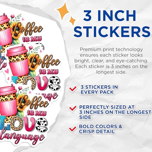 (3 Pack) Coffee is My Love Language Decals - Leopard Print - Sunflower Lover - 3 Inches On Longest Side - Easy Peel & Apply - Made in USA - 3MCS6305