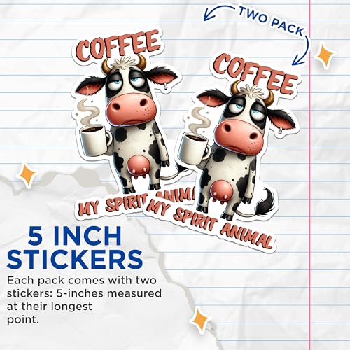 (2 Pack) Coffee My Spirit Animal Stickers - Funny Cow Stickers - Coffee Lover Decals - 5" On Longest Side - Sticks to Any Smooth Flat Surface - Made in USA - BMCS2774