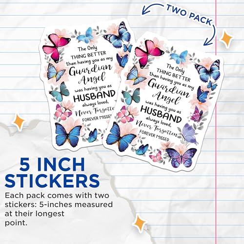 (2 Pack) Guardian Angel Stickers - Husband Memorial - Butterfly Remembrance - 5" On Longest Side - Sticks to Smooth Flat Surfaces - Made in USA - BMCS6133