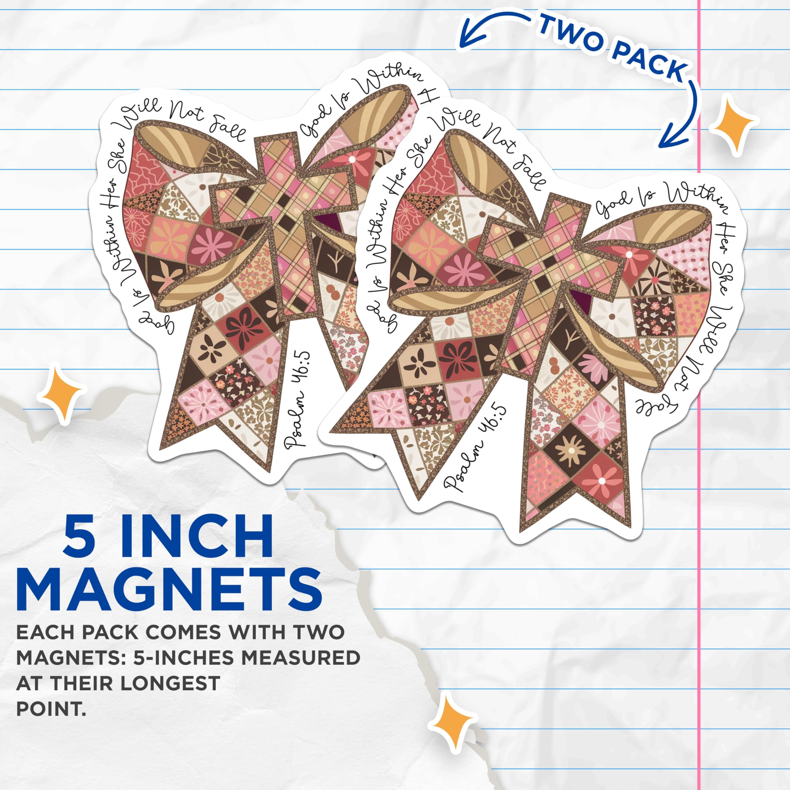 (2 Pack) Inspirational Christian Magnets - Psalm 46:5 Scripture - Quilted Bow Faith Decor - Women of God - 5 Inches On Longest Side - Thick Durable Magnet - Made in USA - MAG30026