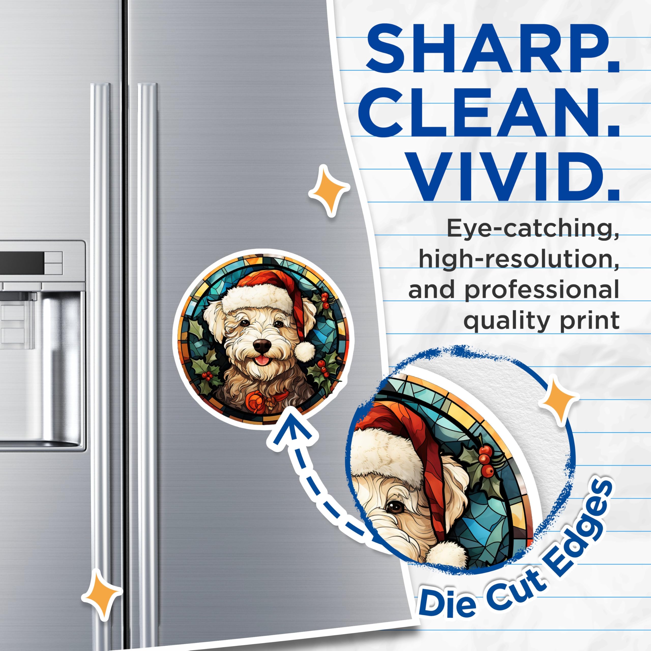 (2 Pack) Christmas Dog Magnets - Santa Goldendoodle Stained Glass Art - Holiday Fridge Pet Decor - 5 Inches On Longest Side - Thick Durable Magnet - Made in USA - MAG26278