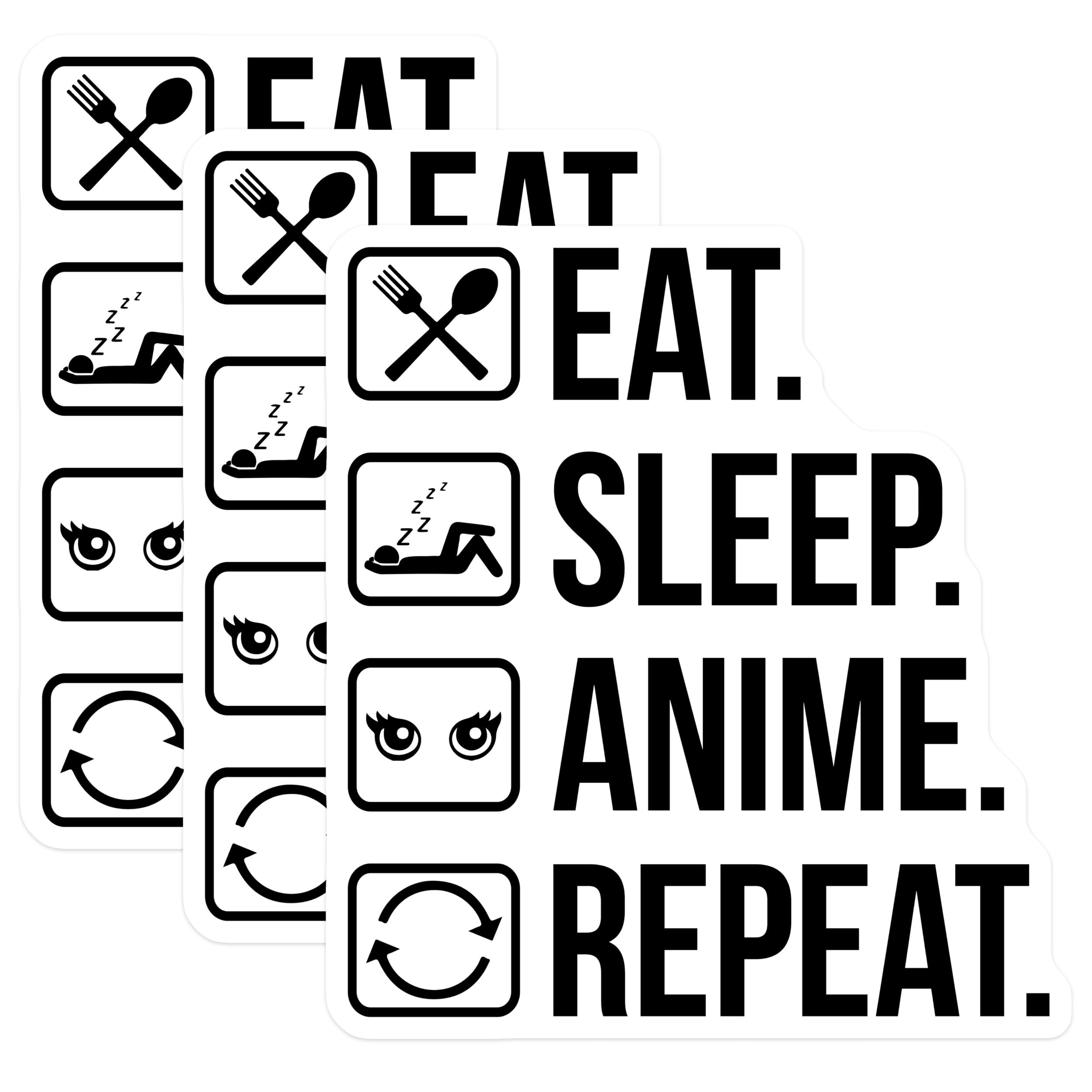 (3 Pack) Eat Sleep Anime Repeat Decals - Laptop Decal - Anime Lover Decal - 3 Inches On Longest Side - Easy Peel & Apply - Made in USA - 3MCS4492