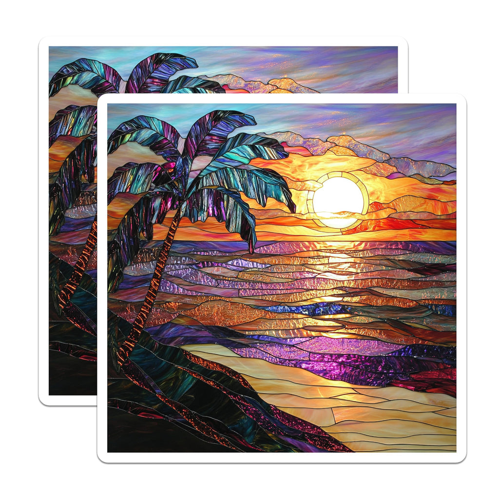 (2 Pack) Stained Glass Sunset Magnets - Tropical Beach Art - Palm Tree Coastal Decor - Vibrant Ocean View - 5 Inches On Longest Side - Thick Durable Magnet - Made in USA - MAG26589