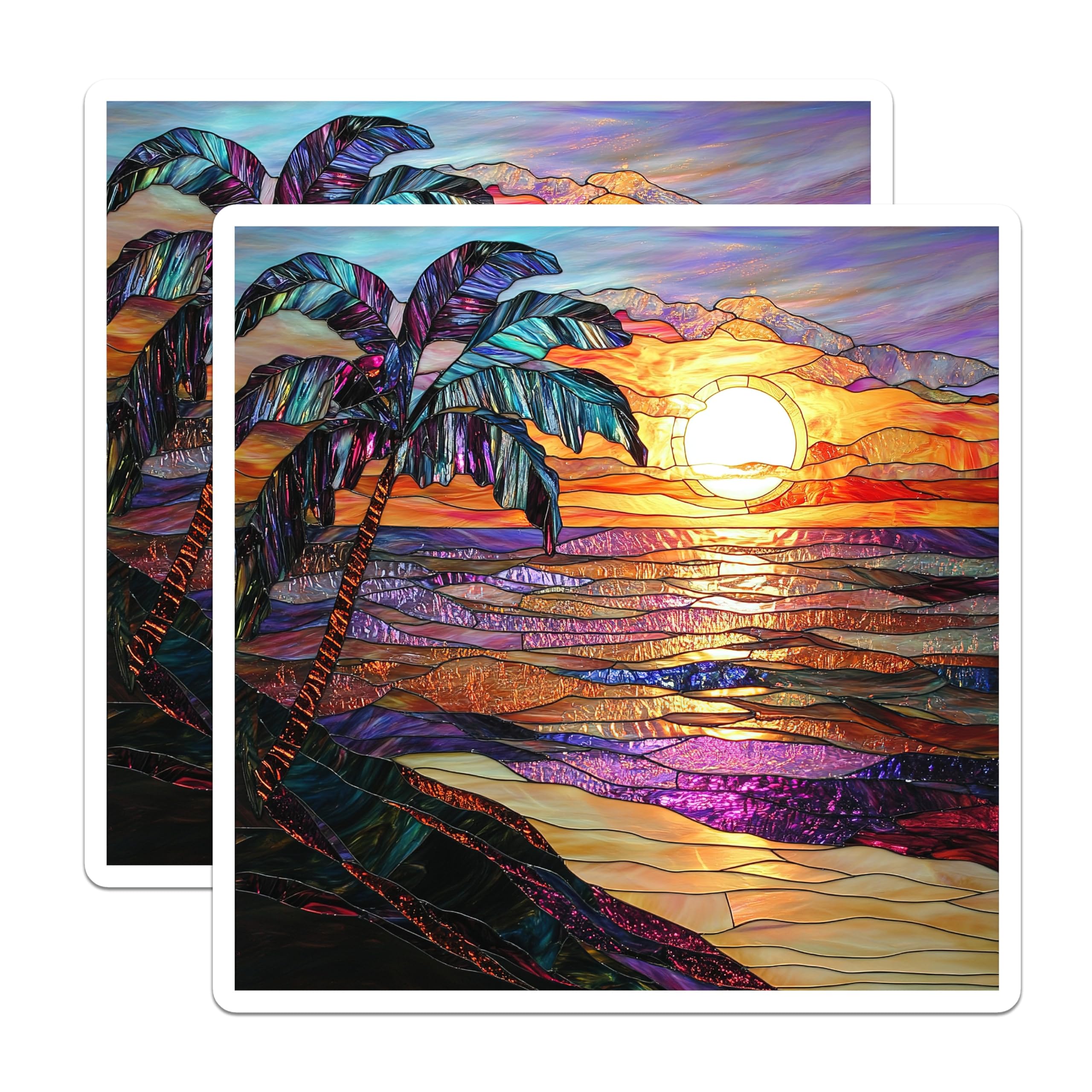 (2 Pack) Stained Glass Sunset Magnets - Tropical Beach Art - Palm Tree Coastal Decor - Vibrant Ocean View - 5 Inches On Longest Side - Thick Durable Magnet - Made in USA - MAG26589