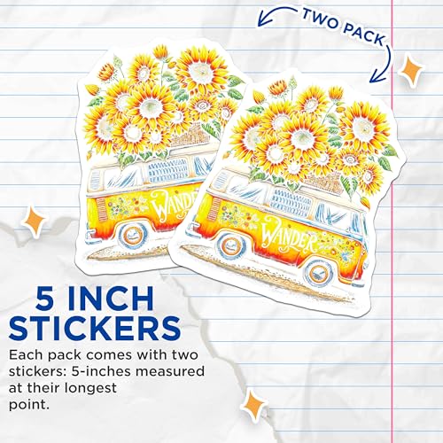 (2 Pack) Wander Sunflower Van Stickers - Retro Flower Power Stickers - Adventure Van Life Decals - 5" On Longest Side - Sticks to Smooth Flat Surfaces - Made in USA - BMCS5550