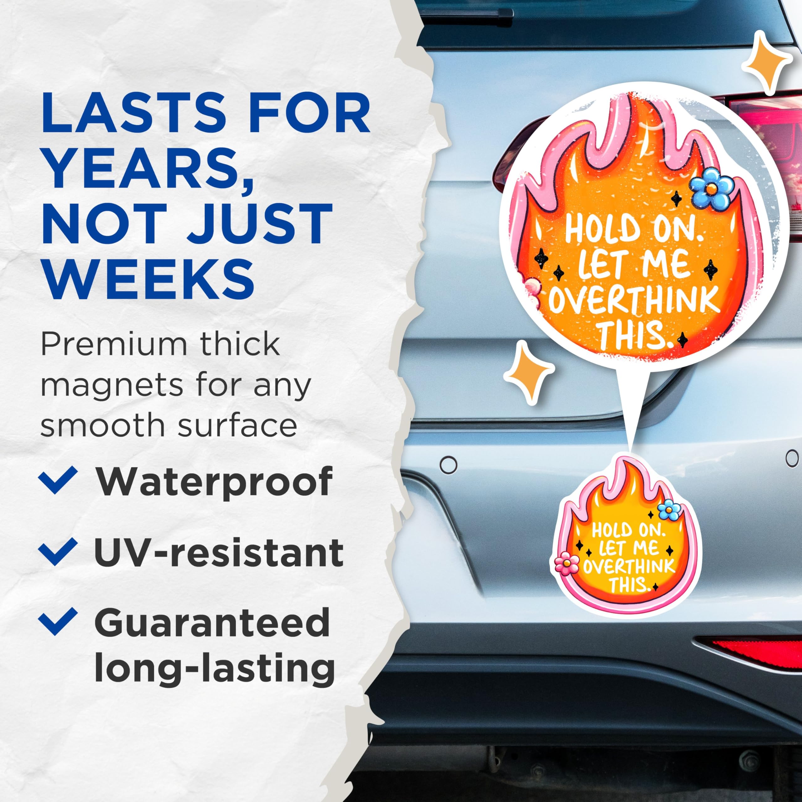(2 Pack) Hold On Let Me Overthink This Magnets - Fire Shape - Funny Quote - Home Office Decor - 5" On Longest Side - for Cars, Fridges, Toolboxes - Made in USA - MAG7503