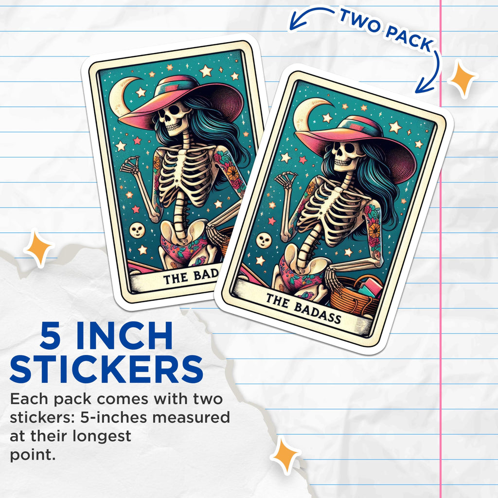 (2 Pack) The Badass Stickers - Skeleton Art - Tarot Card Design - 5" On Longest Side - Sticks to Smooth Flat Surfaces - Made in USA - BMCS5351