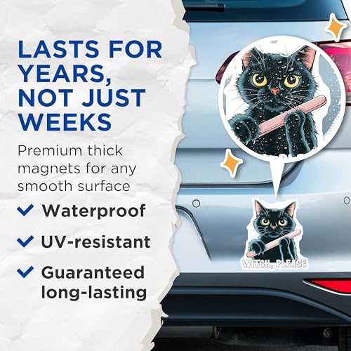 (2 Pack) Witch Please Cat Magnets - Cute Black Cat Magnets - Halloween Witch Cat Magnets - 5" On Longest Side - for Cars, Refrigerators, Toolboxes, Lockers - Made in USA BMCS3322