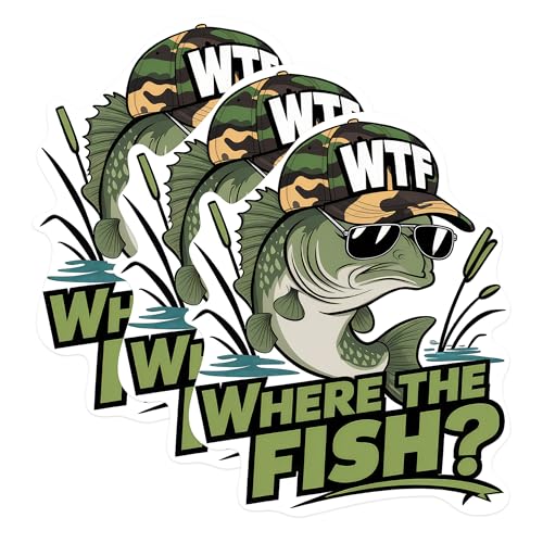 (3 Pack) Funny Fishing Decals - Bass Fish WTF Hat - Where The Fish Decal - 3 Inches On Longest Side - Easy Peel & Apply - Made in USA - 3MCS0861