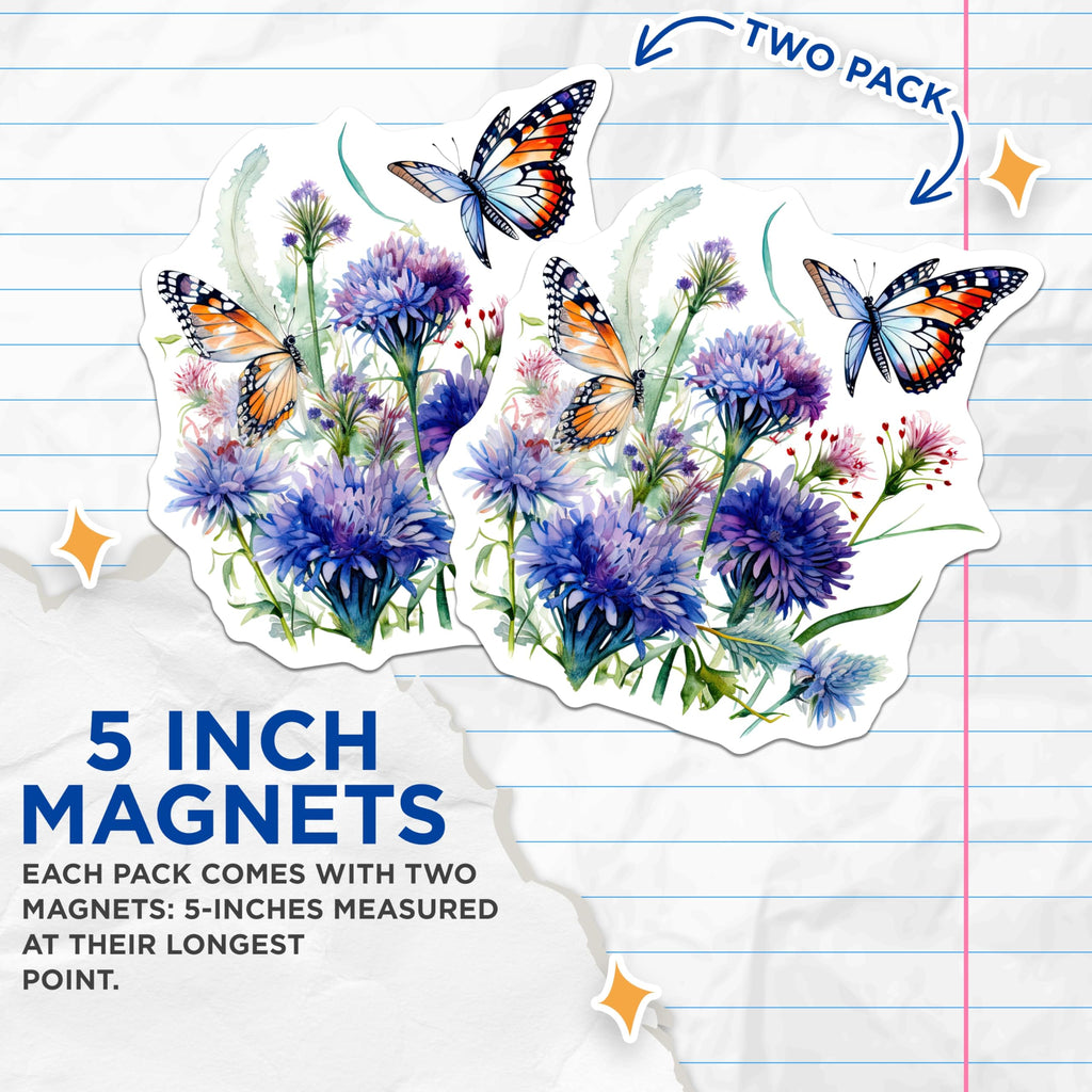 (2 Pack) Butterfly Magnets - Floral Magnets - Watercolor Flower Design - 5" On Longest Side - Premium Magnet - for Cars, Refrigerators, Toolboxes, Lockers - Made in USA - MAG16091