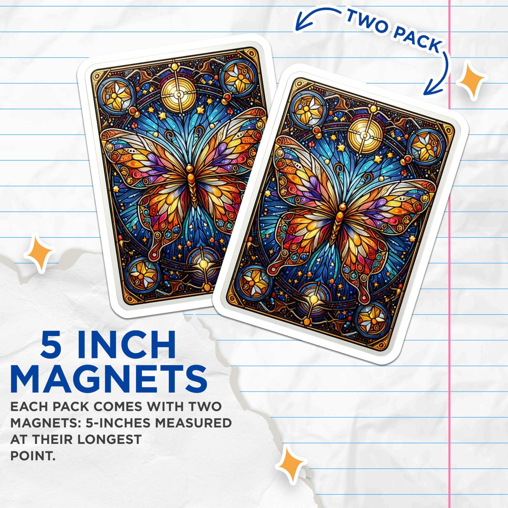 (2 Pack) Stained Glass Butterfly Art Magnets - Vibrant Mosaic Insect Design - Celestial Fantasy Animal Home Decor - 5 Inches On Longest Side - Thick Durable Magnet - Made in USA - MAG21119