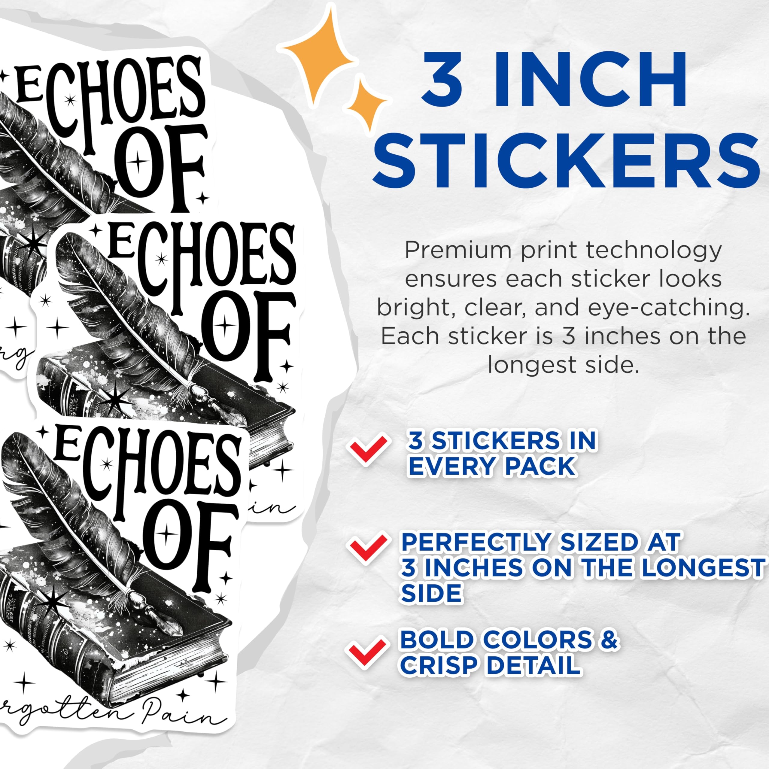 (3 Pack) Echoes of Forgotten Pain Decals - Feather and Book Stickers - Literary Gothic Inspired Decal - 3 Inches On Longest Side - Easy Peel & Apply - Made in USA - 3MCS2225