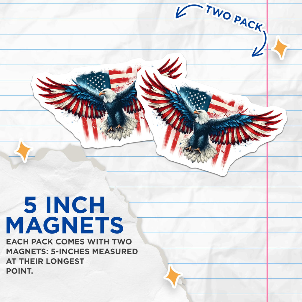 (2 Pack) Eagle USA Flag Magnets - Patriotic Decor - American Pride Fridge Magnets - 5" On Longest Side - Premium Magnet - for Cars, Refrigerators, Toolboxes, Lockers - Made in USA - MAG14348