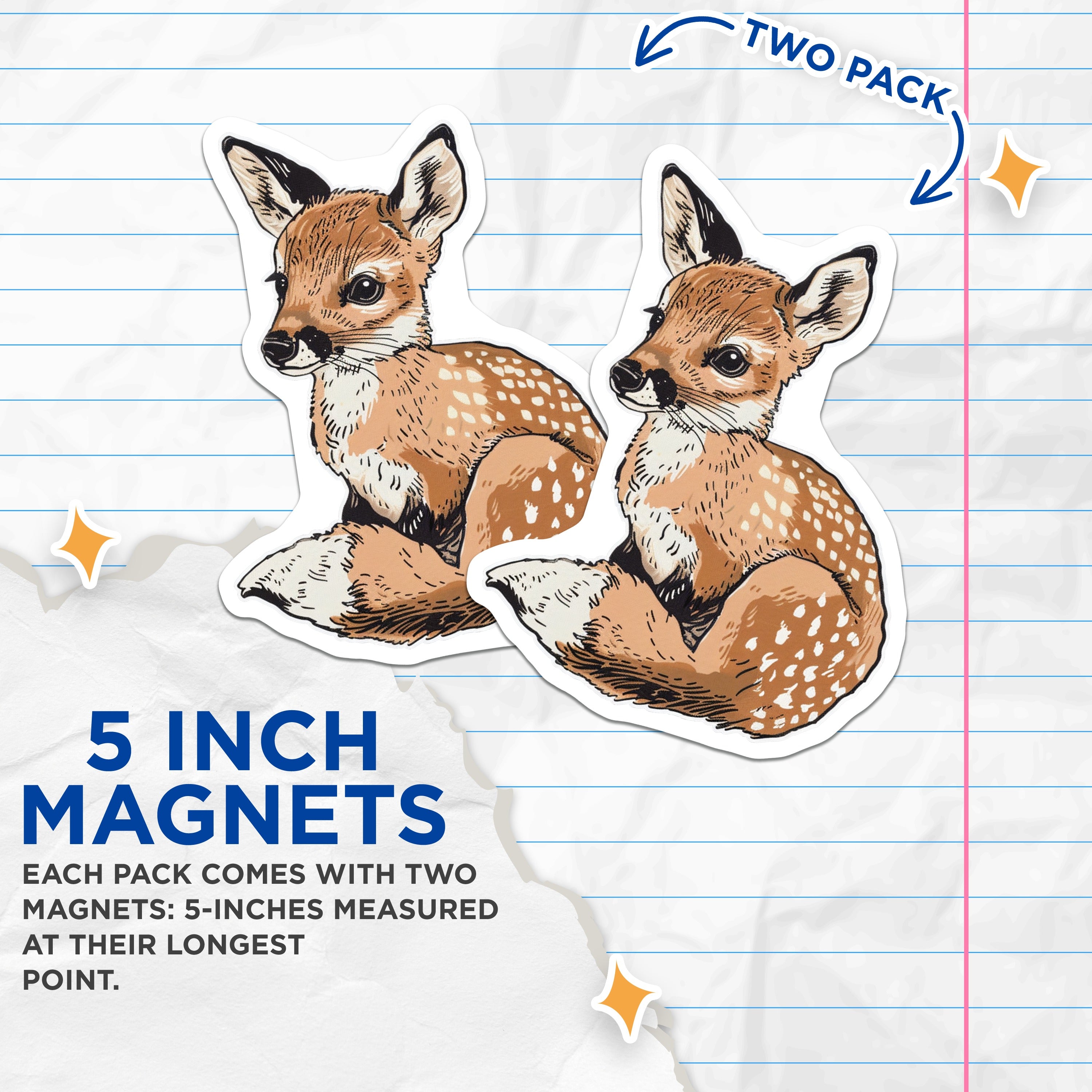 (2 Pack) Cute Fawn Magnets - Woodland Animal Decor - Nursery Refrigerator Accent - 5 Inches On Longest Side - Thick Durable Magnet - Made in USA - MAG37921