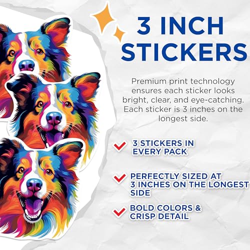 (3 Pack) Border Collie Decals - Colorful Dog Stickers - Laptop Decal - 3 Inches On Longest Side - Easy Peel & Apply - Made in USA - 3MCS0819