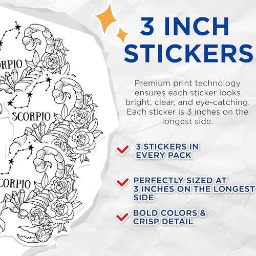 (3 Pack) Scorpio Zodiac Decals - Astrology Sign - Constellation Flower Decals - 3 Inches On Longest Side - Easy Peel & Apply - Made in USA - 3MCS4618