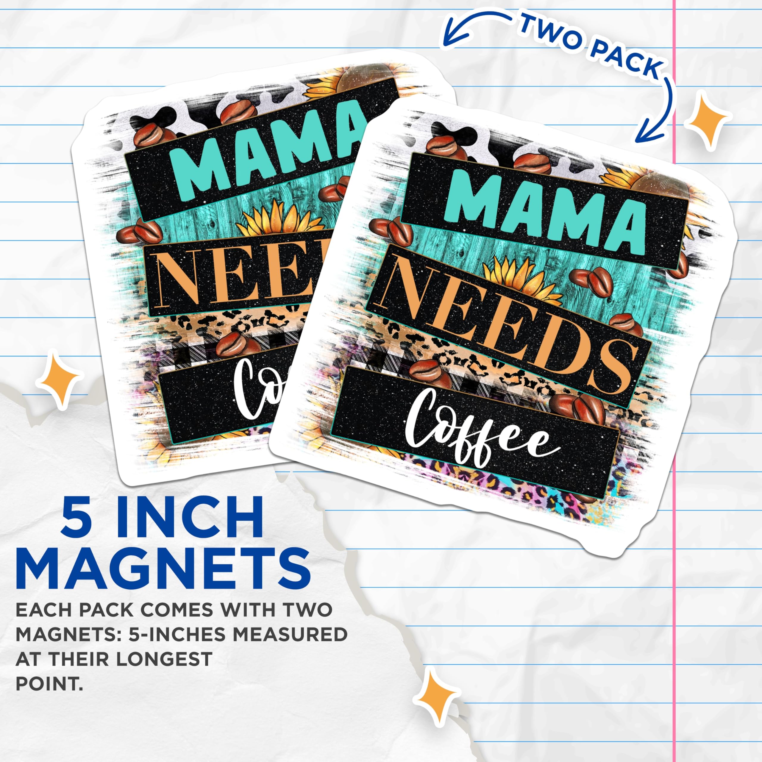(2 Pack) Mama Needs Coffee Magnets - Boho Western Decor - Farmhouse Coffee Lover Accessory - 5 Inches On Longest Side - Thick Durable Magnet - Made in USA - MAG26367