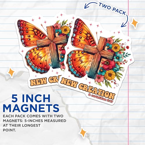 (2 Pack) New Creation Butterfly Cross Magnets - Inspirational Verse - Floral Christian - 5" On Longest Side - for Cars, Fridges, Toolboxes - Made in USA - MAG3743
