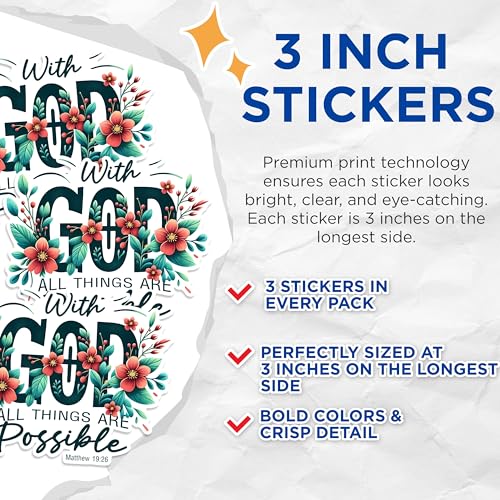(3 Pack) with God All Things Decals - Religious Verse - Floral Scripture Laptop Decals - 3 Inches On Longest Side - Easy Peel & Apply - Made in USA - 3MCS1624