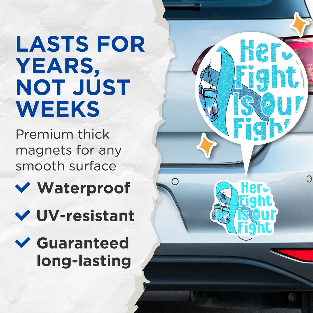 (2 Pack) Awareness Ribbon Magnets - Her Fight is Our Fight - Cancer Fighter - Blue Ribbon Support - Warrior Strength - 5 Inches On Longest Side - Thick Durable Magnet - Made in USA - MAG36253