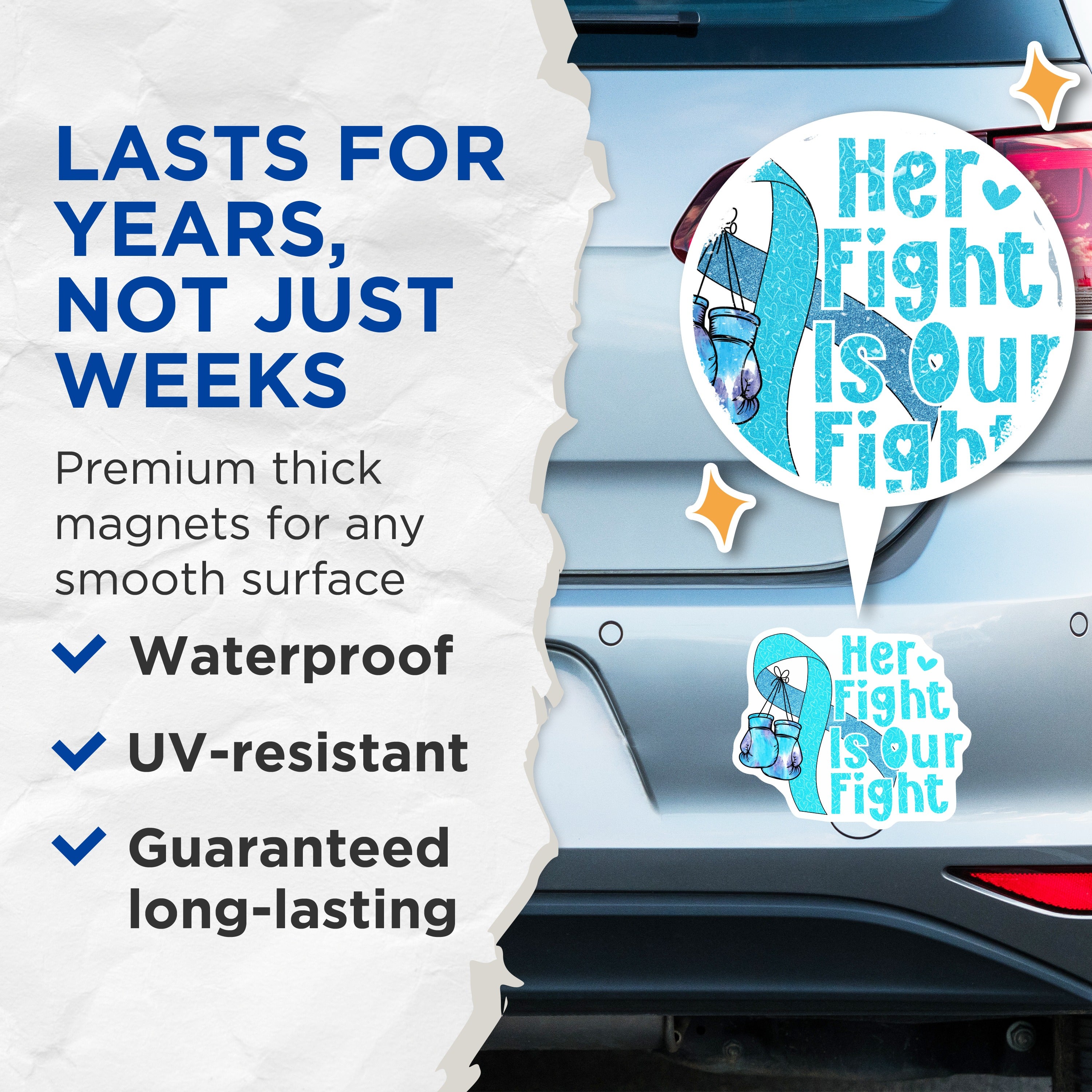 (2 Pack) Awareness Ribbon Magnets - Her Fight is Our Fight - Cancer Fighter - Blue Ribbon Support - Warrior Strength - 5 Inches On Longest Side - Thick Durable Magnet - Made in USA - MAG36253