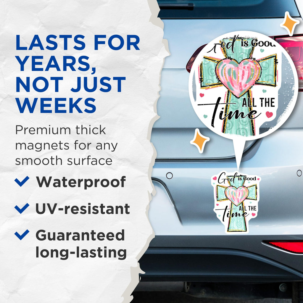 (2 Pack) God is Good All The Time Magnets - Christian Faith Refrigerator Decor - Spiritual Inspirational Heart Cross Art - 5 Inches On Longest Side - Thick Durable Magnet - Made in USA - MAG24022