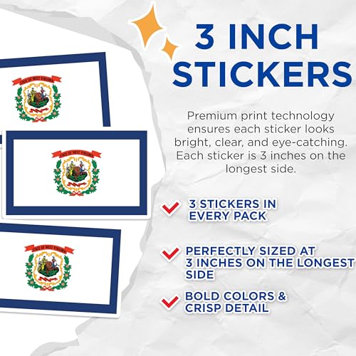 (3 Pack) West Virginia Flag Decals - WV State Pride - Laptop Decals - 3 Inches On Longest Side - Easy Peel & Apply - Made in USA - 3MCS0221