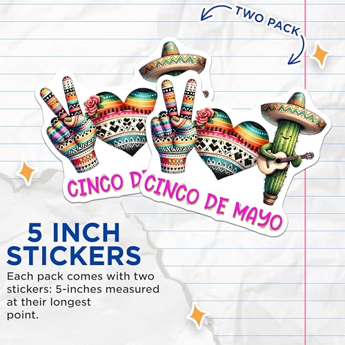 (2 Pack) Coloring Cinco De Mayo Stickers - Mexican Fiesta Stickers - Festive Holiday Stickers - 5" On Longest Side - Sticks to Smooth Flat Surfaces - Made in USA - BMCS9758
