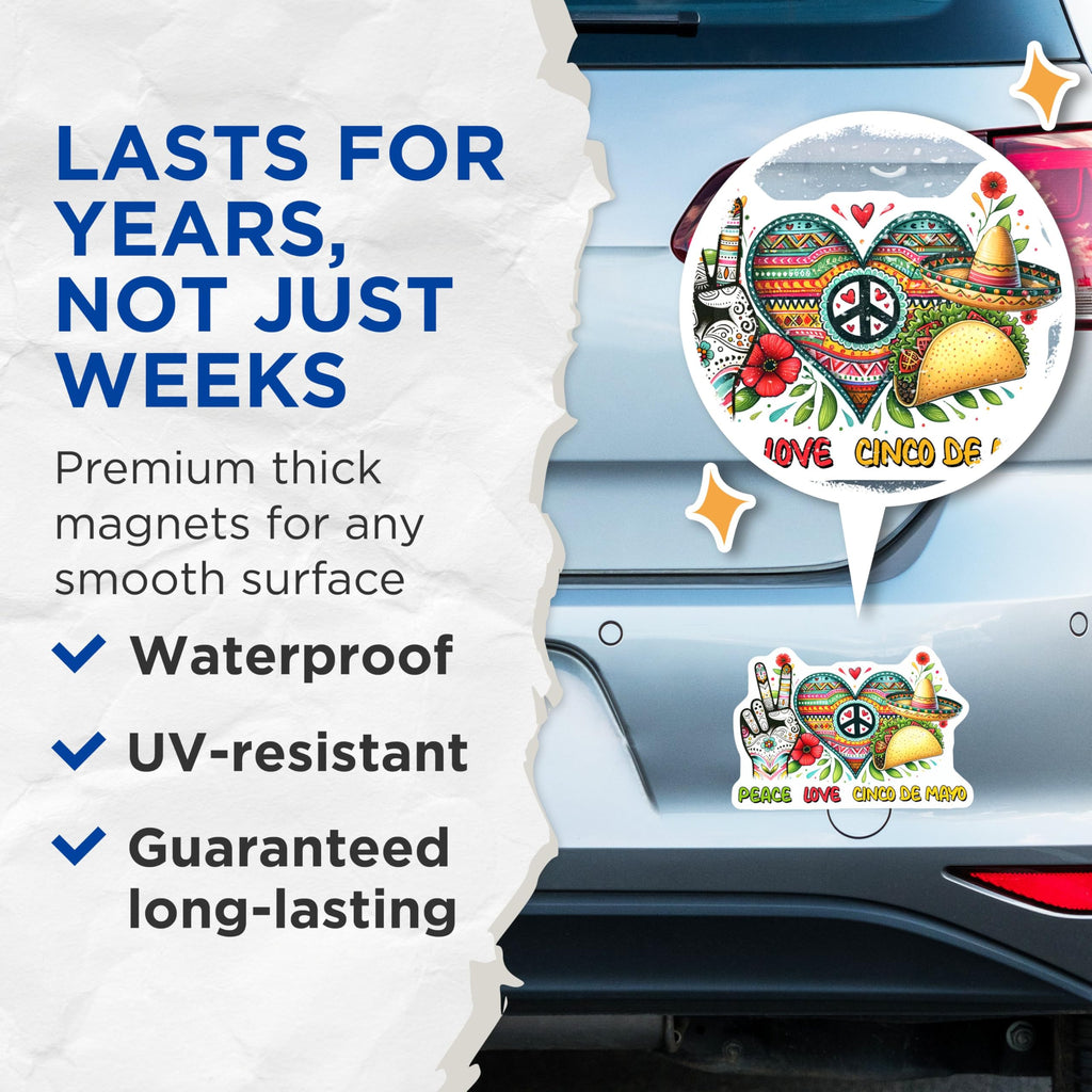 (2 Pack) Peace Love Cinco De Mayo Magnets - Cinco De Mayo Decor - Festive Decorations - 5" On Longest Side - for Cars, Fridges, Toolboxes - Made in USA - MAG8228
