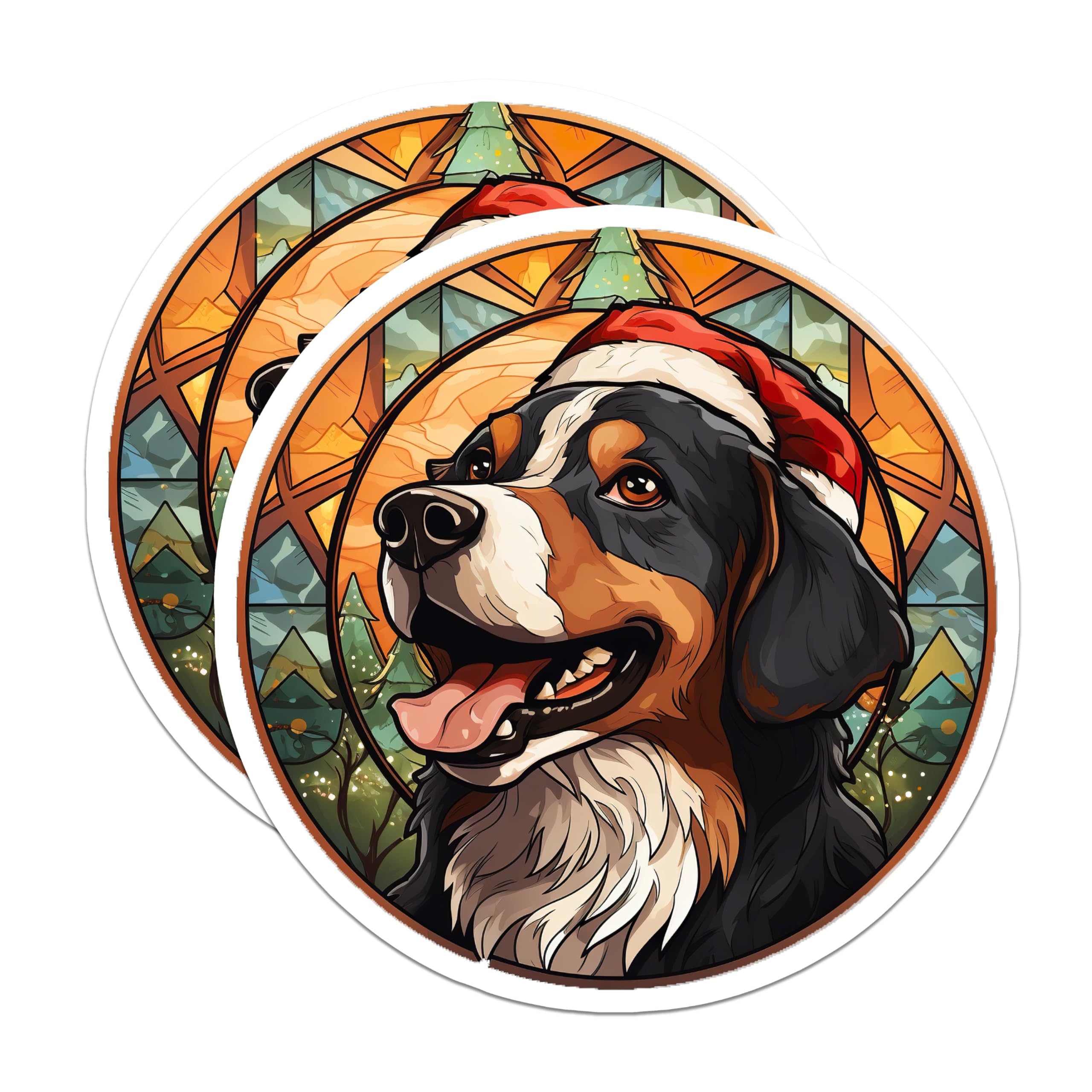 (2 Pack) Bernese Mountain Dog Magnets - Santa Hat Christmas Berner - Stained Glass Winter Dog Fridge Accent - 5 Inches On Longest Side - Thick Durable Magnet - Made in USA - MAG26811