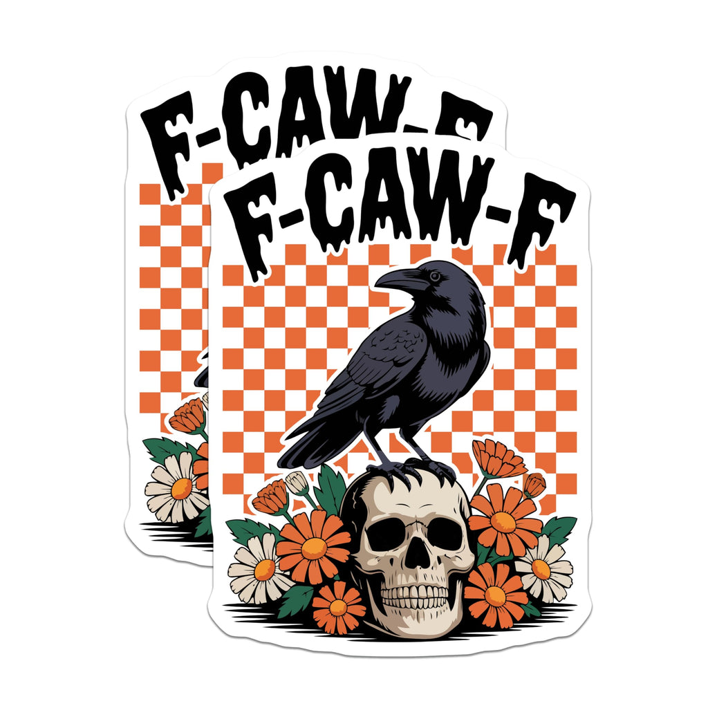 (2 Pack) F-CAW-F Crow Stickers - Skull and Flowers - Goth Stickers 5" On Longest Side - Sticks to Smooth Flat Surfaces - Made in USA - BMCS13125